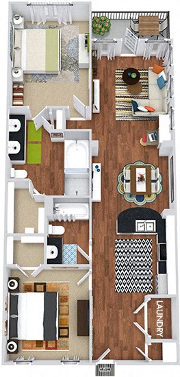 Woodland 3D Woodland 3D 2 bedroom apartment. Kitchen with bartop open to living & dining rooms. 2 full bathrooms, double vanity and shower stall in master. Walk-in closet in both bedrooms. Patio/balcony.